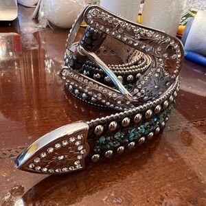 Western Womens Leather Belt Crystal Studs Turquoise Brown Medium Ranch Cowgirl